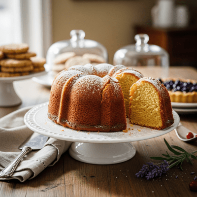 A realistic image of a whole Pound Cake (cake) displayed on a classic dessert table in a home or bakery setting
