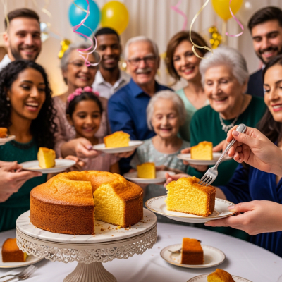 A scene showing the Pound Cake (cake) being served or enjoyed at a festive occasion, such as a birthday party or wedding