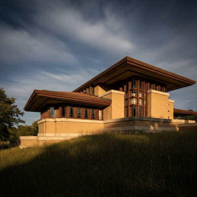Dramatic, editorial-style image of Prairie School from the architecture taxonomy, captured from a low angle to emphasize grandeur and form.