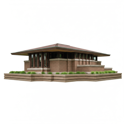 High quality, studio-style photograph of a single Prairie School from the architecture taxonomy