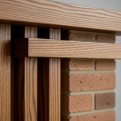 Close-up detail shot of a distinctive feature or ornamentation from the Prairie School (architecture), showing material texture, craftsmanship, or unique design elements