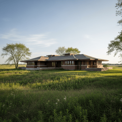A wide-angle photograph of Prairie School, a type of architecture, situated in its typical environment or setting