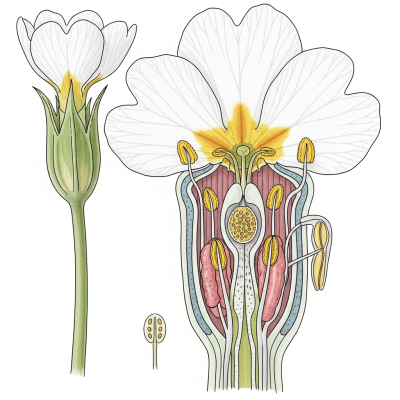 Cross-sectional illustration of a Primrose (flowers), showing internal parts such as stem, petals, and reproductive organs