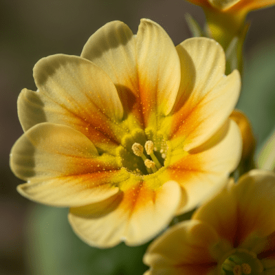 Detailed macro image of a Primrose (flowers), focusing on the intricate structure of petals, stamens, and pistil