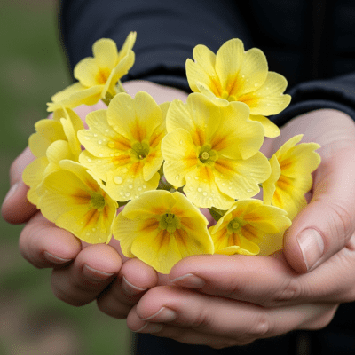 Photograph of a Primrose (flowers) being held or interacted with by a person in a gentle way