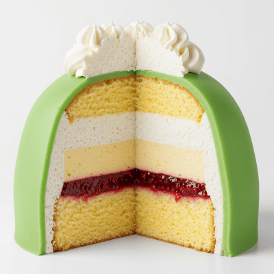 Detailed cross-sectional view of a sliced Princess Cake (cake), showing internal layers, textures, and ingredients