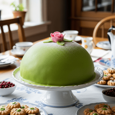 A realistic image of a whole Princess Cake (cake) displayed on a classic dessert table in a home or bakery setting