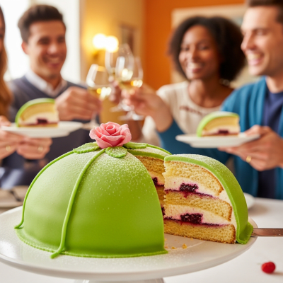 A scene showing the Princess Cake (cake) being served or enjoyed at a festive occasion, such as a birthday party or wedding