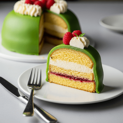 An image of a single slice of Princess Cake, from the cake taxonomy, isolated on a plate with simple cutlery