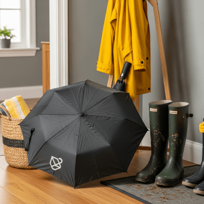 Image of a Promotional Umbrella displayed alongside typical items it is paired with (e