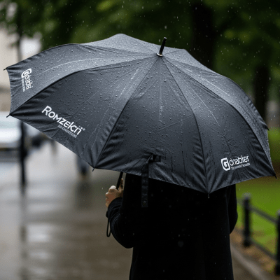A realistic image of a Promotional Umbrella (umbrellas) being used outdoors during a light rain, with droplets visible on the umbrella surface
