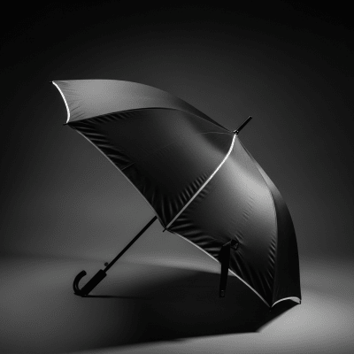 Editorial-style hero shot of a single Promotional Umbrella (umbrellas) dramatically lit against a dark gradient background.