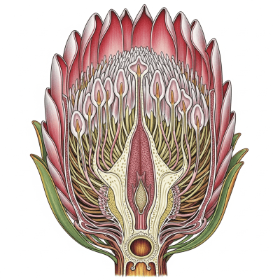 Cross-sectional illustration of a Protea (flowers), showing internal parts such as stem, petals, and reproductive organs