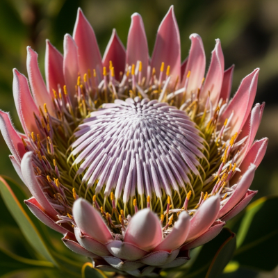 Detailed macro image of a Protea (flowers), focusing on the intricate structure of petals, stamens, and pistil