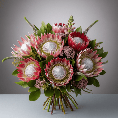 Image of a Protea (flowers) arranged in a traditional bouquet or floral arrangement
