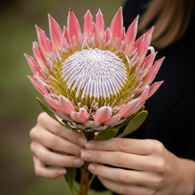 Photograph of a Protea (flowers) being held or interacted with by a person in a gentle way