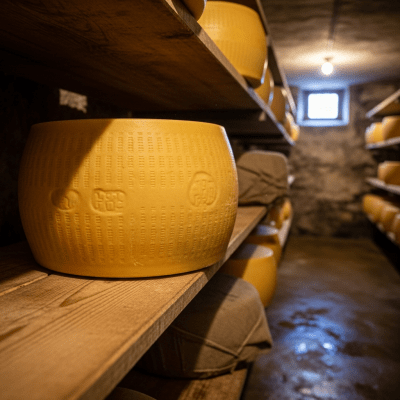 A whole wheel or block of Provolone, shown in an artisanal cellar or aging environment typical for this cheese