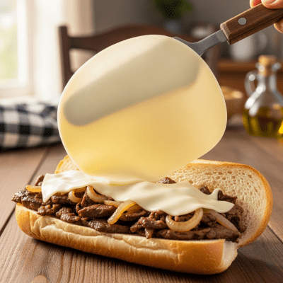 A piece of Provolone being used in a classic culinary preparation or dish where it is commonly featured