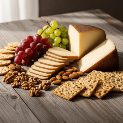 A serving of Provolone arranged as part of a traditional cheese platter with fruits, nuts, and crackers