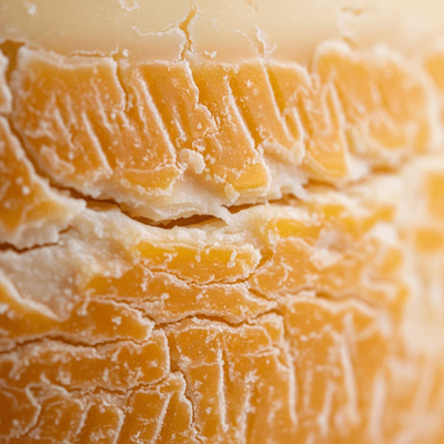 A close-up macro photograph of the rind and surface texture of a Provolone