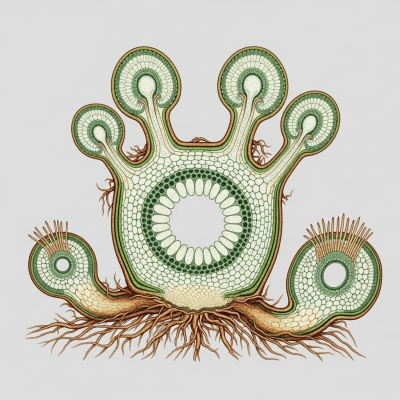 Cross-sectional illustration or photograph of a Pteridaceae (family), showing internal structure such as rhizome, roots, and vascular bundles