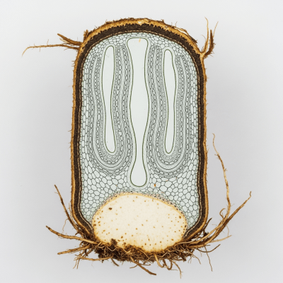 Cross-sectional illustration or photograph of a Pteridium aquilinum, showing internal structure such as rhizome, roots, and vascular bundles