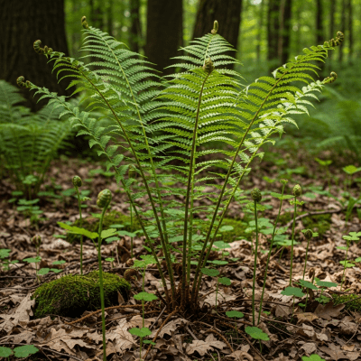 Photograph of a Pteridium aquilinum, of the taxonomy ferns, shown growing in its natural environment, such as a forest understory or shaded woodland