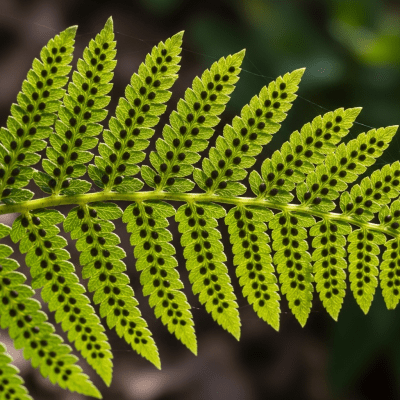 Photograph of a mature Pteridium aquilinum, with visible sporangia or sori on the underside of its fronds, highlighting its reproductive structures