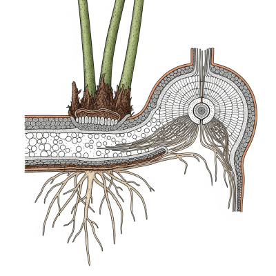 Cross-sectional illustration or photograph of a Pteris cretica, showing internal structure such as rhizome, roots, and vascular bundles