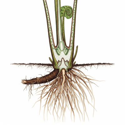Cross-sectional illustration or photograph of a Pteris vittata, showing internal structure such as rhizome, roots, and vascular bundles