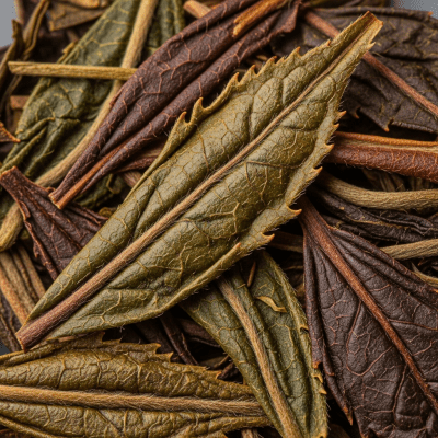Macro photograph focusing on the texture and details of Pu-erh Tea leaves, within the taxonomy teas