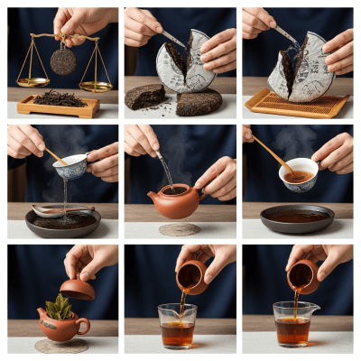 Step-by-step visual depiction showing the preparation process for Pu-erh Tea, within the taxonomy teas