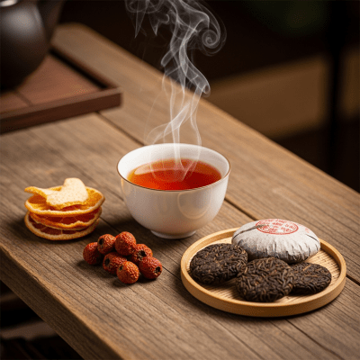 Still life image of a prepared cup of Pu-erh Tea
