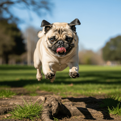 Full body action shot of a Pug
