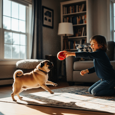Image of a Pug interacting with humans in a typical cultural or domestic setting