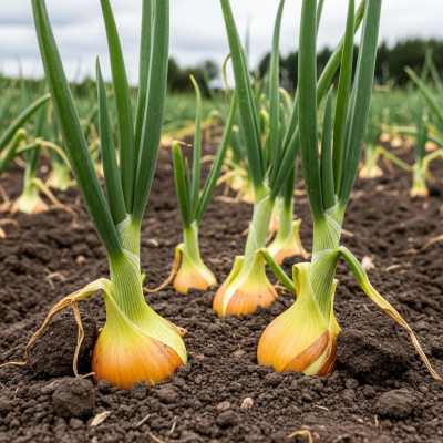 A photograph of a Pukekohe Longkeeper onion (onions) in its natural environment or growing in soil