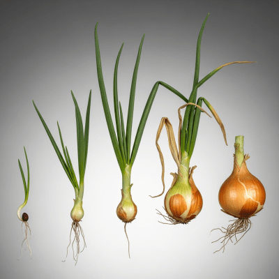 An image showing multiple stages of growth for a single type of Pukekohe Longkeeper onion (onions), from seedling to mature bulb