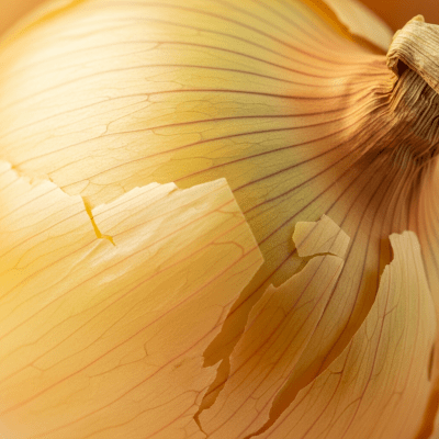 A macro photograph highlighting the surface texture and skin details of a Pukekohe Longkeeper onion