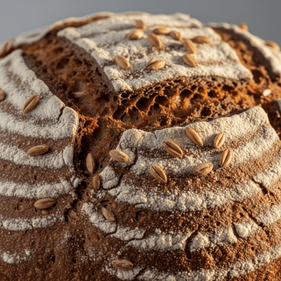 Macro photograph focusing on the crust and surface texture of Pumpernickel