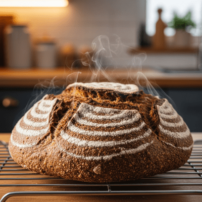 Photograph of freshly baked Pumpernickel, cooling on a wire rack
