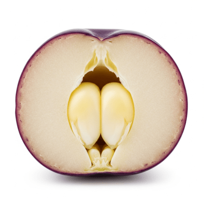 A cross-sectional view of a single Purple Hull Pea (beans), sliced cleanly to reveal its internal structure and composition