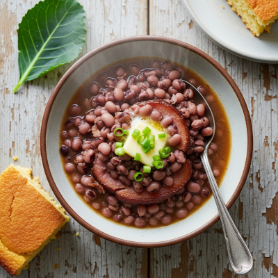 Image of cooked Purple Hull Pea (beans) presented as part of a traditional dish or cuisine, plated attractively and photographed from above