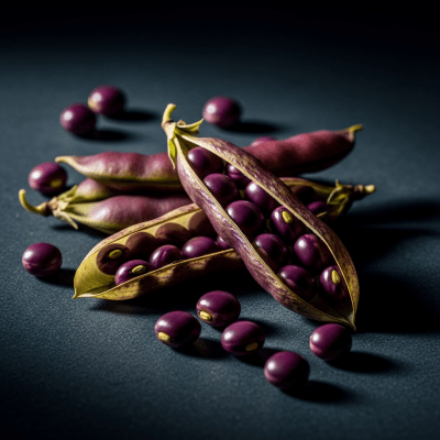 Editorial-style photograph of Purple Hull Pea, part of the taxonomy beans, arranged aesthetically on a dark background with dramatic lighting to highlight its shape and color.