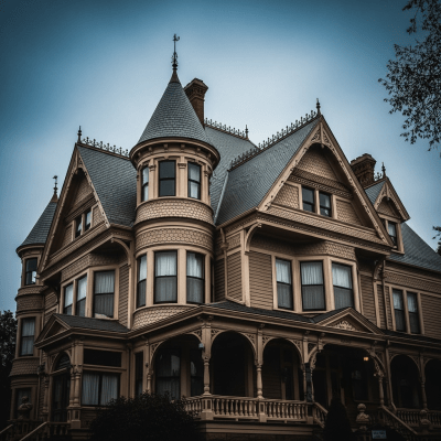 Dramatic, editorial-style image of Queen Anne from the architecture taxonomy, captured from a low angle to emphasize grandeur and form.