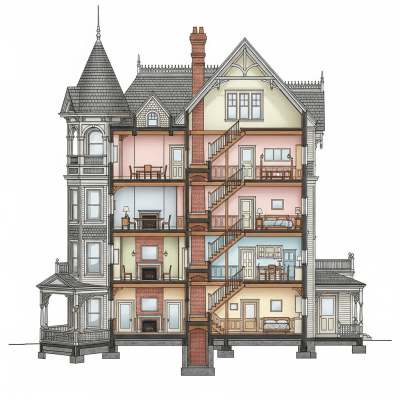 Detailed cross-sectional illustration or cutaway view showing the internal layout and key structural elements of the Queen Anne (architecture)