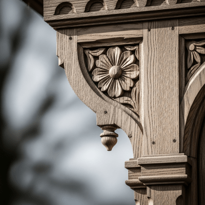 Close-up detail shot of a distinctive feature or ornamentation from the Queen Anne (architecture), showing material texture, craftsmanship, or unique design elements