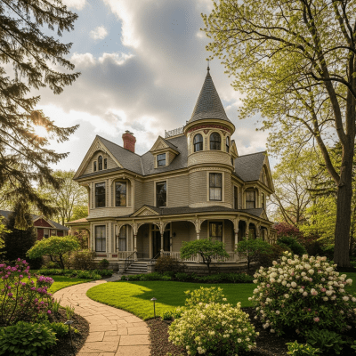 A wide-angle photograph of Queen Anne, a type of architecture, situated in its typical environment or setting