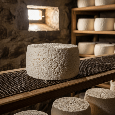 A whole wheel or block of Queso Blanco, shown in an artisanal cellar or aging environment typical for this cheese