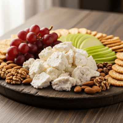 A serving of Queso Blanco arranged as part of a traditional cheese platter with fruits, nuts, and crackers
