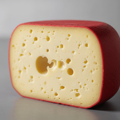 Close-up cross-sectional view of a Queso de Bola, showing its internal texture and structure